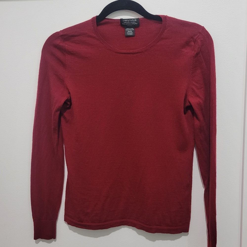 LORD & TAYLOR WOMENS MERINO WOOL CREWNECK LONG SLEEVE BURGANDY SWEATER